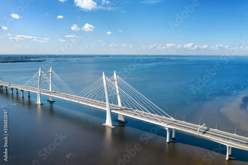 Cityscape with large cable stayed bridge aerial view