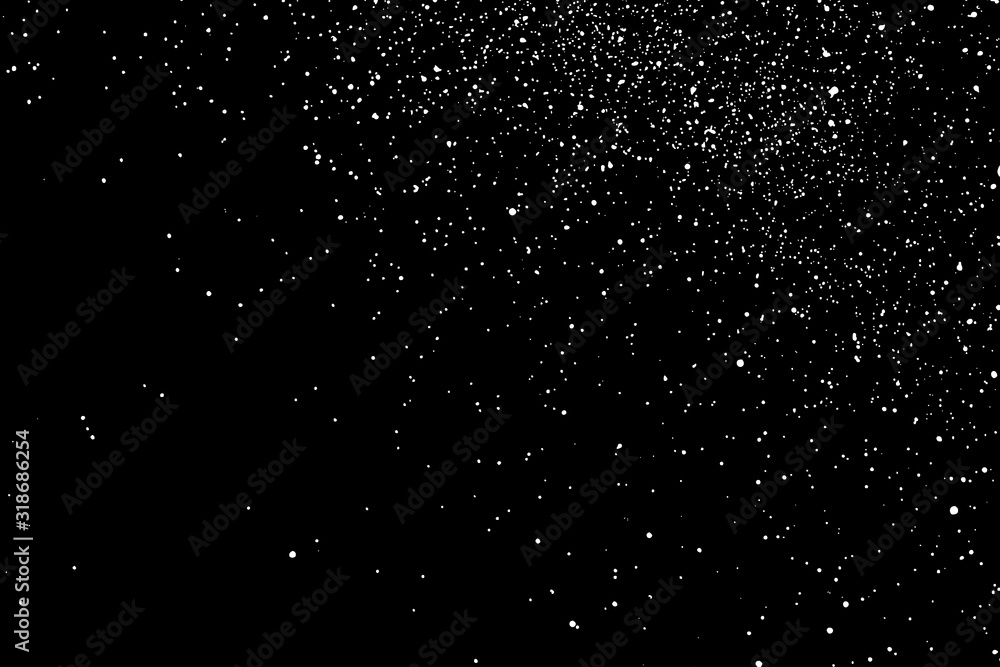 White Grainy Texture Isolated On Black Background. Dust Overlay. Light Coloured Noise Granules. Snow Vector Elements. Digitally Generated Image. Illustration, Eps 10. White Grainy Texture Isolated On Black Background. Dust Overlay. Light Coloured Noise Granules. Snow Vector Elements. Digitally Generated Image. Illustration, Eps 10.
