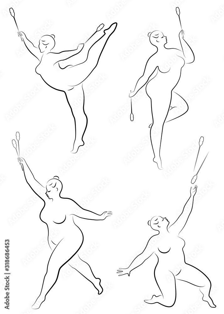 Collection. Gymnastics. Silhouette of a girl with a mace. The woman is overweight, a large body. The girl is full figured. Vector illustration set Collection. Gymnastics. Silhouette of a girl with a mace. The woman is overweight, a large body. The girl is full figured. Vector illustration set
