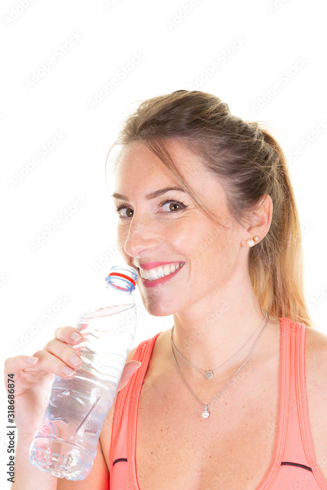 portrait of attractive blonde caucasian smiling woman isolated on white studio shot drinking water in bootle portrait of attractive blonde caucasian smiling woman isolated on white studio shot drinking water in bootle