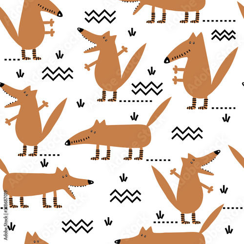 Fototapeta Naklejka Na Ścianę i Meble -  Seamless childish pattern with cute foxes and hand drawn elements.