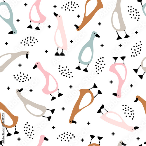 Seamless pattern with cute funny oink and grey geese