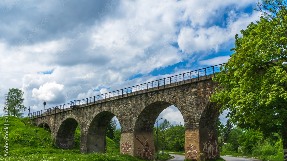 The old Austrian operating railway viaduct in the resort village of Vorokhta. Ukraine. Carpathians