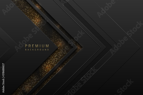 Vector abstract black layered background with golden halftone effect. Glitter dotted sparkles shine texture. Dark laminate material arrow shape