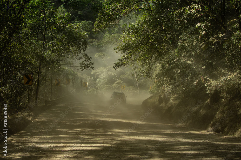 .Dusty road with cart in the background and trees beside the road .Dusty road with cart in the background and trees beside the road