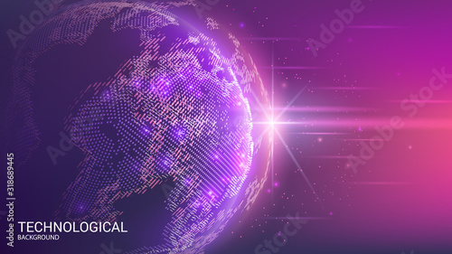Map of the planet. World map. Global social network. Future. Vector. Blue futuristic background with planet Earth. Internet and technology. Floating blue plexus geometric background.  .