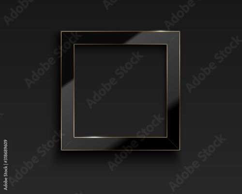 Vector square glossy luxury black and golden line frame. Border for photo, picture, congratulations, quote. Realistic glass frame with reflection gold edge on dark background
