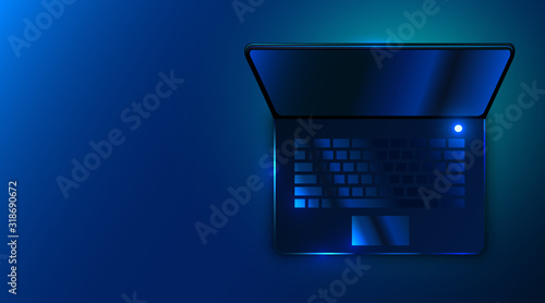 Modern futuristic laptop on dark blue background. Technology concept.
