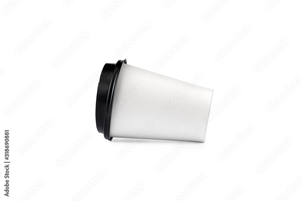 White disposable paper coffee cup with a black plastic lid isolated on white background White disposable paper coffee cup with a black plastic lid isolated on white background