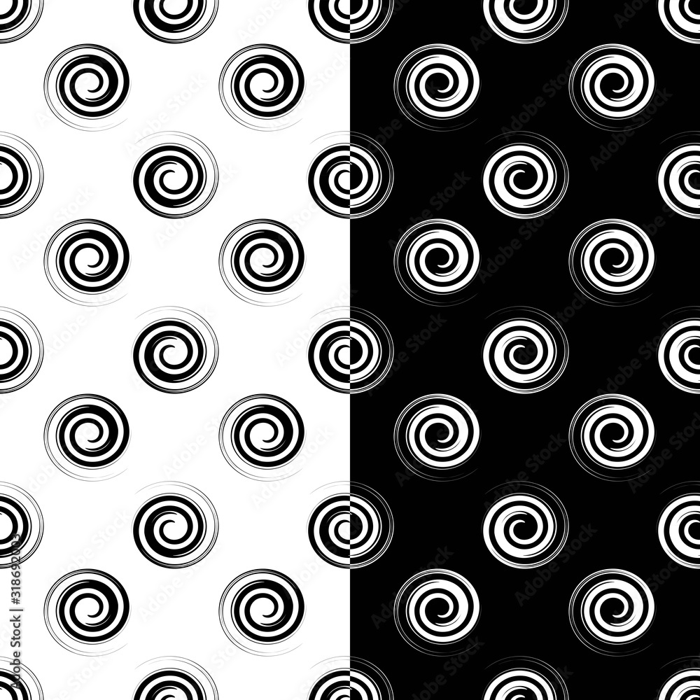 Two seamless monochrome black and white spiral polka dot patterns useful for textile, fabric, wrapping paper, wallpaper, … Original design, vector eps 10