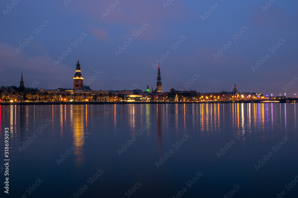 Panorama of Old Riga at night, Latvia