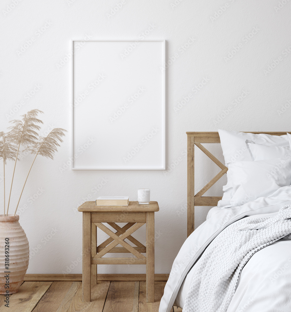 Mockup poster frame in white cozy bedroom interior, Scandinavian style, 3d render - obrazy, fototapety, plakaty 