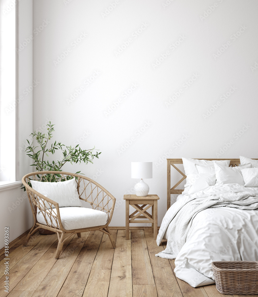 Scandinavian farmhouse bedroom interior, wall mockup, 3d render - obrazy, fototapety, plakaty 