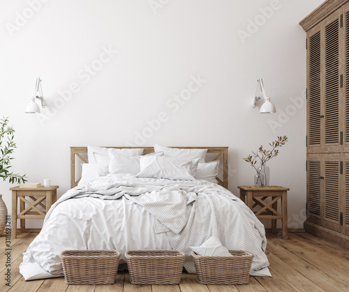 Foto Scandinavian farmhouse bedroom interior, wall mockup, 3d render
