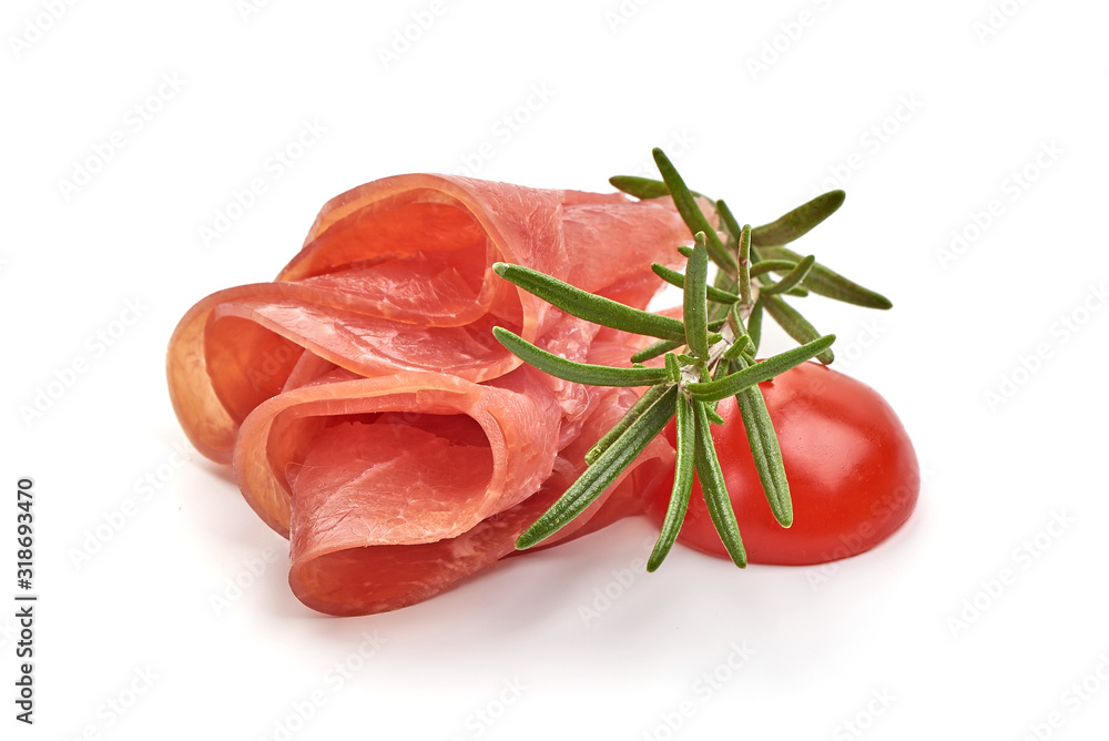 Italian prosciutto crudo or spanish jamon. Dried ham, isolated on white background