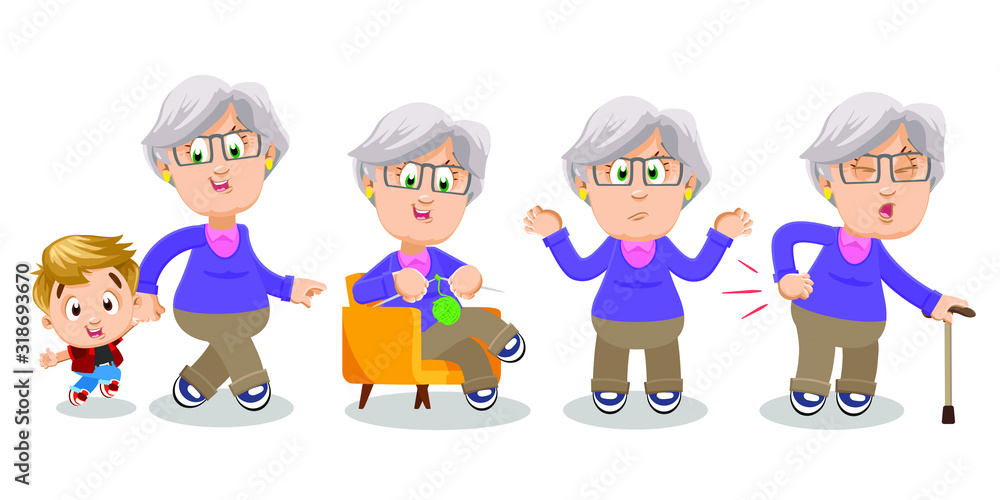 Vector cartoon set with silver haired aged woman in different mood and poses. Old spectacled lady walking with grandson, knitting in armchair, is upset, suffering from rheumatism in back. Vector cartoon set with silver haired aged woman in different mood and poses. Old spectacled lady walking with grandson, knitting in armchair, is upset, suffering from rheumatism in back.