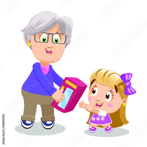 Elderly silver haired woman in glasses, violet sweater and brown trousers spending time with granddaughter. Gift for birthday. Grandmother giving present box to small girl. Vector cartoon on white.
