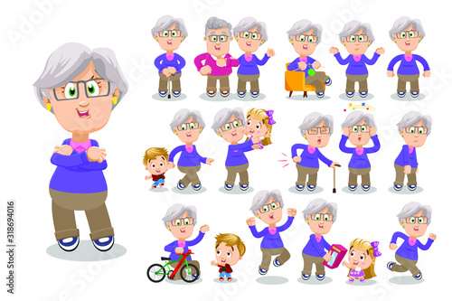Aged woman in glasses standing with husband, knitting, suffering from back pain, headache, playing with grandchild, jumping for joy, running, is upset, having health problems. Vector cartoon big set. © Vectors_BySkop