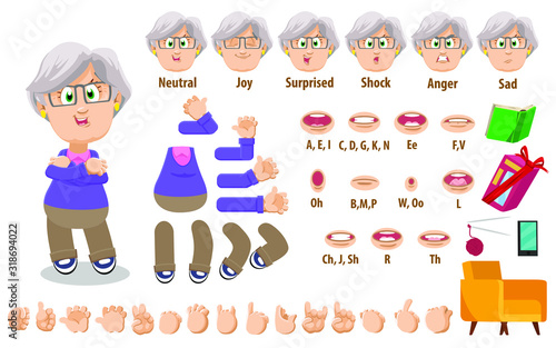 Cartoon old woman, grandma constructor for animation. Parts of body: legs, arms, face emotions, hands gestures, lips sync. Full length, front, three quater view. Set of ready to use poses, objects.