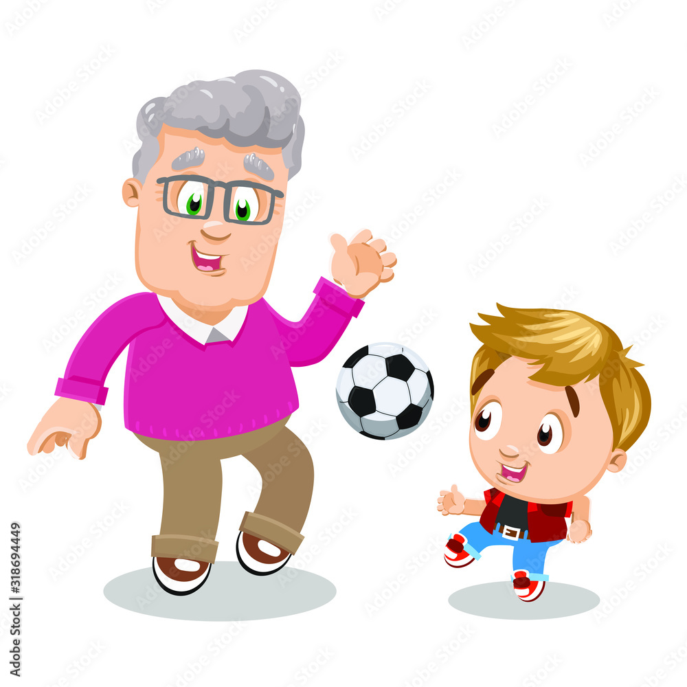 Silver haired aged man in glasses, pink sweater and brown trousers playing football with grandson. Happy grandfather doing sport with small boy, spending time with grandchild. Healthy active lifestyle