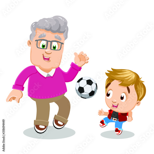 Silver haired aged man in glasses, pink sweater and brown trousers playing football with grandson. Happy grandfather doing sport with small boy, spending time with grandchild. Healthy active lifestyle