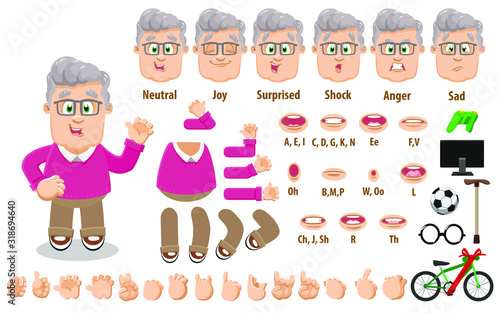 Cartoon old man, grandfather constructor for animation. Parts of body: legs, arms, face emotions, hands gestures, lips sync. Full length, front, three quater view. Set of ready to use poses, objects.