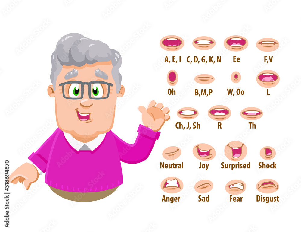Silver haired old man, grandfather in glasses shows to set of mouth, teeth positions. Lip sync emotions collection. Can be used for animation. Cartoon vector illustration isolated on white background. Silver haired old man, grandfather in glasses shows to set of mouth, teeth positions. Lip sync emotions collection. Can be used for animation. Cartoon vector illustration isolated on white background.