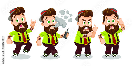 Vector set with different emotions and gestures of plump hipster in hat with tattoo. Young bearded man jumping for joy, showing rock n roll, heavy metal sign, middle finger, is surprised, smoking.