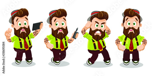 Vector cartoon set with bearded hipster in different mood and poses. Young plump man taking selfie, keeping vape, holding his head, suffering from headache, standing with arms akimbo.