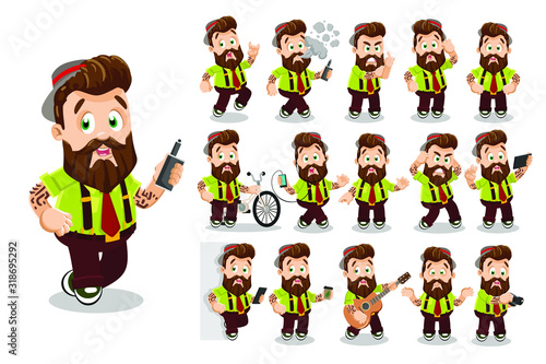 Bearded hipster playing guitar, listening to music, taking picture, selfie, is angry, helpless, standing with arms akimbo, smoking, using smartphone, bicycle. Vector cartoon big set isolated on white