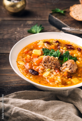 Homemade vegetable soup with meatballs