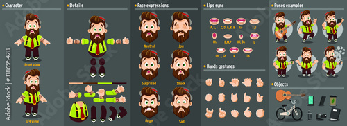 Cartoon bearded plump hipster constructor for animation. Parts of body: legs, arms, face emotions, hands gestures, lips sync. Full length, front, three quater view. Set of ready to use poses, objects.