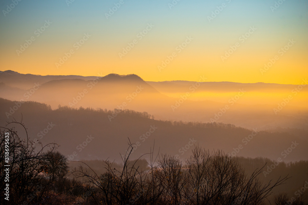 Mountain landscape at the sunrise