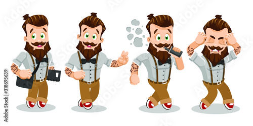 Vector set with different emotions and gestures of sportive bearded hipster. Young man standing with crossbody bag and copybook, showing peace, victory gesture, smoking, suffering from headache.