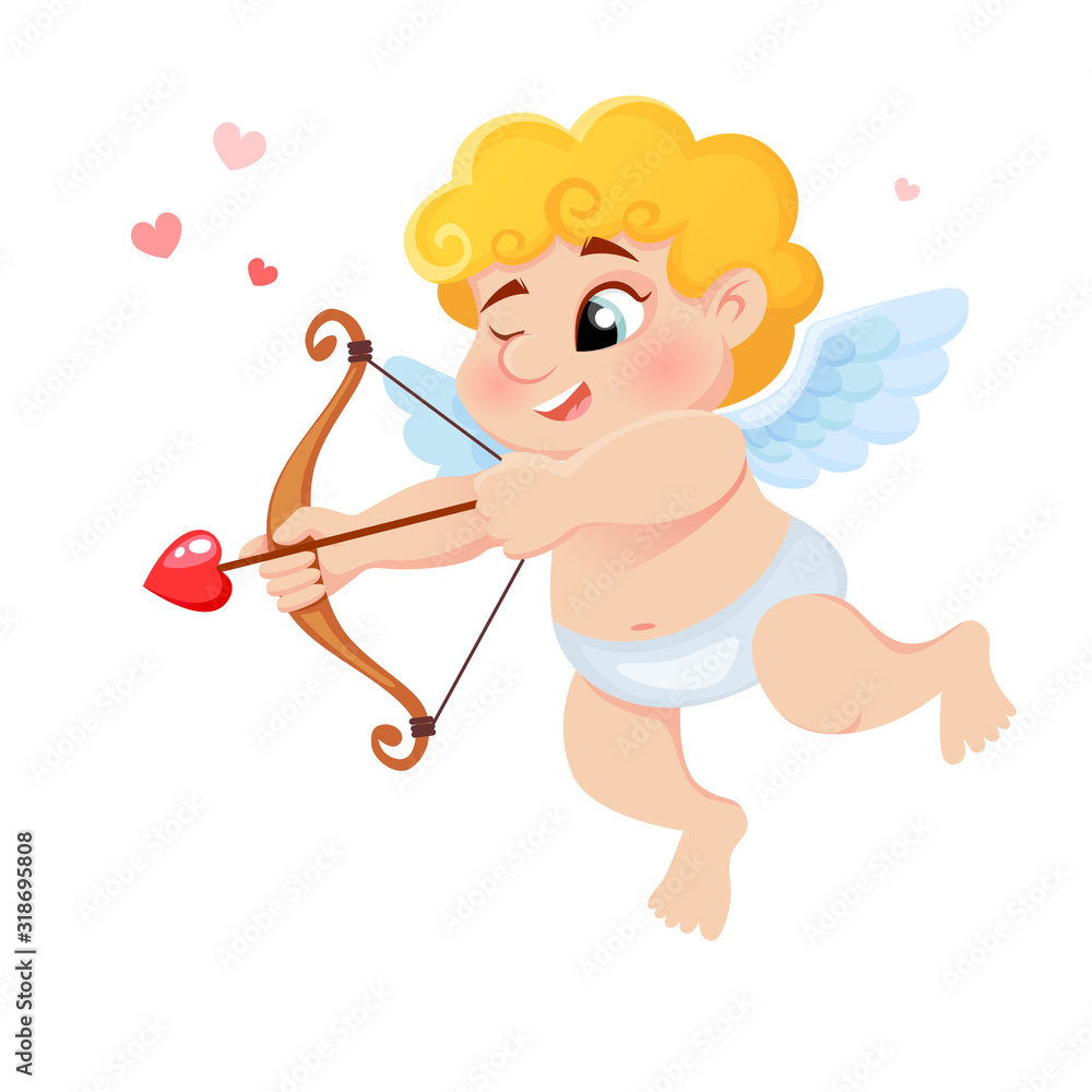 Cute cartoon Cupid with bow, arrow of love and hearts. Illustration for a  Valentine's Day Stock Vector | Adobe Stock