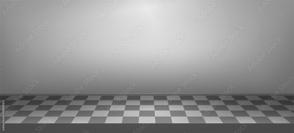 Illuminated realistic studio checkered background. Presentation decorations. Room empty space. Showroom concept. Vector illustration