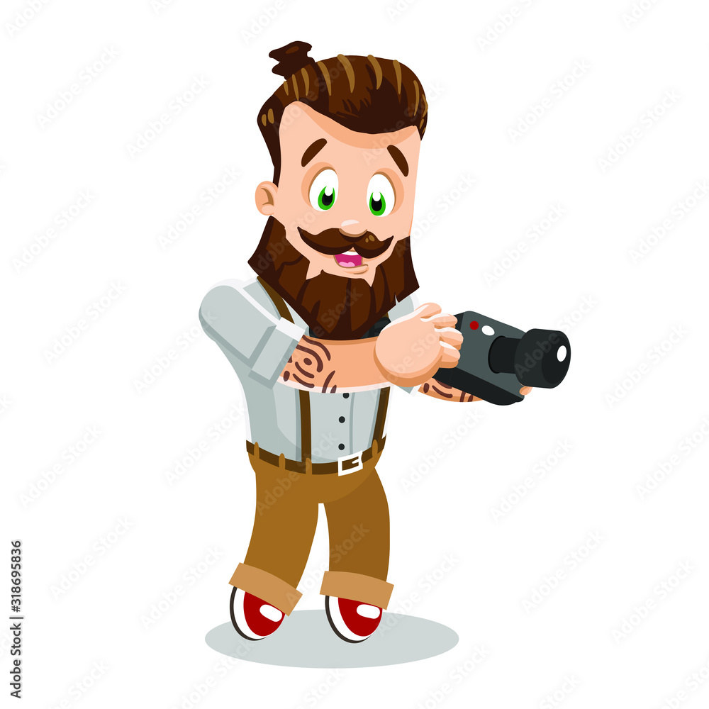 Athletic bearded hipster with tattoo in bow tie, shirt, suspender trousers keeping camera. Photographer standing and taking pictures. Young man shooting. Vector cartoon illustration on white. Athletic bearded hipster with tattoo in bow tie, shirt, suspender trousers keeping camera. Photographer standing and taking pictures. Young man shooting. Vector cartoon illustration on white.