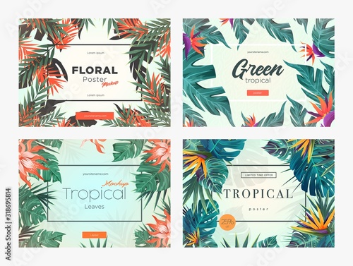 Set of Bright tropical backgrounds with jungle plants. Exotic patterns with tropical leaves