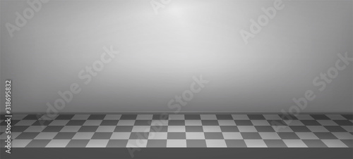 Illuminated realistic studio checkered background. Presentation decorations. Room empty space. Showroom concept. Vector illustration