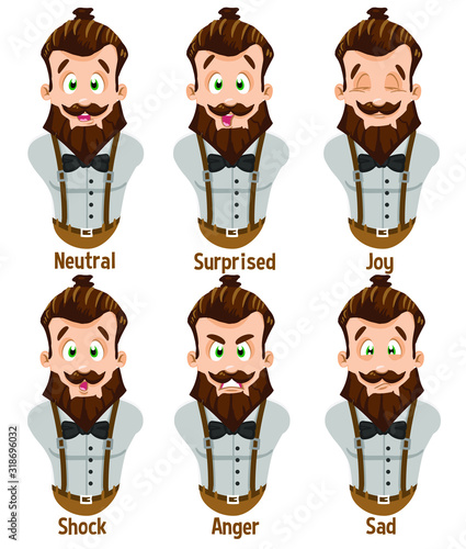 Different moods of brown haired bearded hipster with bow tie: neutral, surprised, joy, shock, anger, sad. Set of male emotions, emoji for animation. Cartoon illustration isolated on white background.