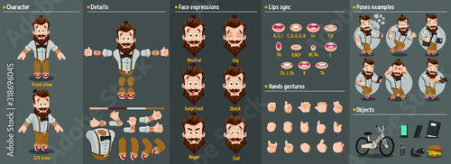 Cartoon bearded hipster constructor for animation. Parts of body: legs, arms, face emotions, hands gestures, lips sync. Full length, front, three quater view. Set of ready to use poses, objects.