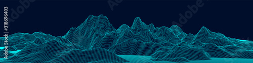 Vector wireframe 3d landscape. Technology grid illustration. Network of connected dots and lines on white background.