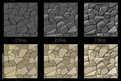 Set of seamless texture stone step by step drawing.