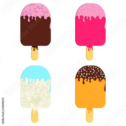 Simple set with chocolate, orange, vanilla, strawberry ice cream in retro style. Vector illustration. Summer theme.