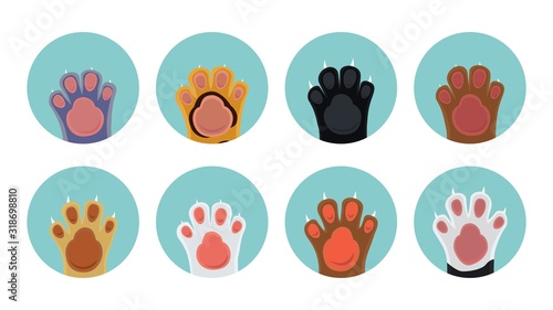 Cat paw icons. Cartoon kitten feet in circles, pets vector icons