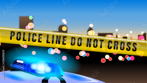 Police tape. Police car flashing light on evening bokeh city background