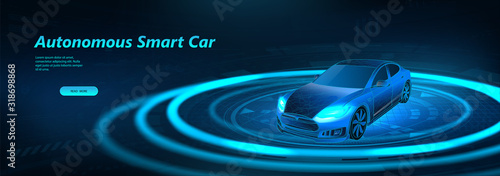Autonomous smart car scans the road. Smart car concept. Automatic braking system. Self driving vehicle. Driver assistance systems, parking sensors 360 degrees HUD. Vector Illustration