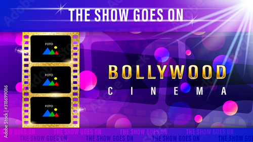 Inscription Bollywood cinema, realistic gold film with copy space for text and foto.