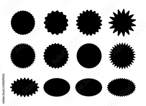Starburst stickers. Black sunburst badges, isolated star price labels vector set