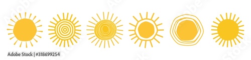 Doodle sun icons. Hot weather suns collection vector illustration, summer scribbled sun doodles with sunlight sketch drawings, hand drawn sunshine objects